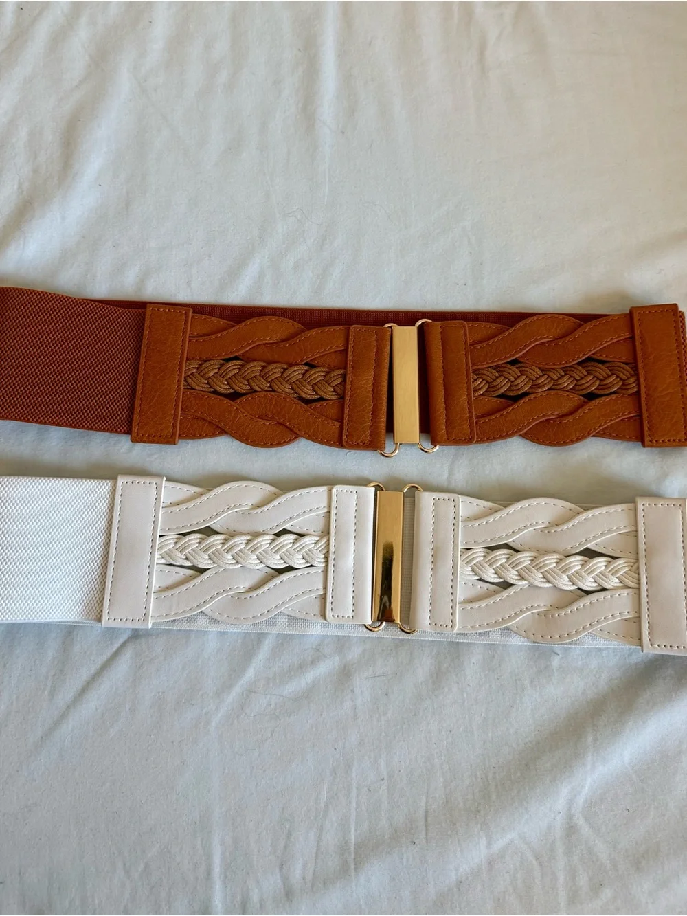2 Elastic Braided Waist Belts - Tan and White